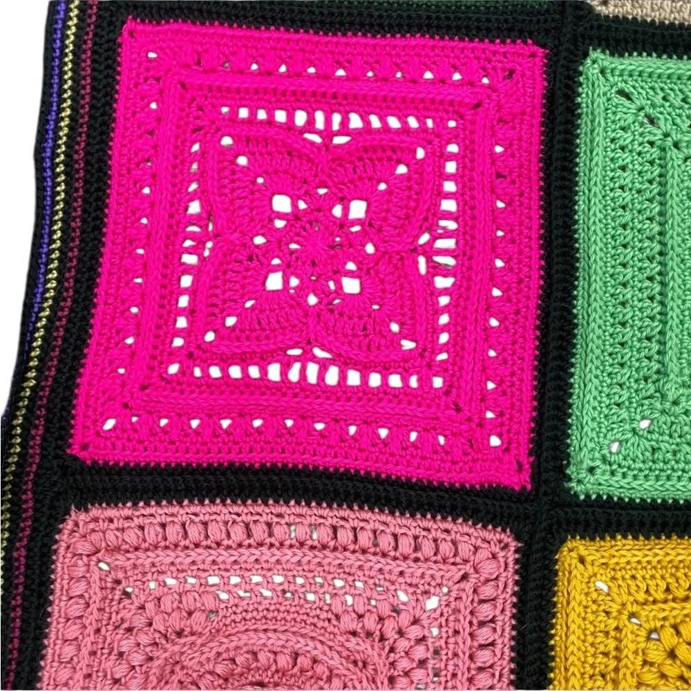 Vintage Granny Afghan Patch Crochet Knit Rainbow Throw Blanket 66” Square